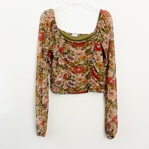 west of melrose // retro green mesh rushed long sleeve crop top M